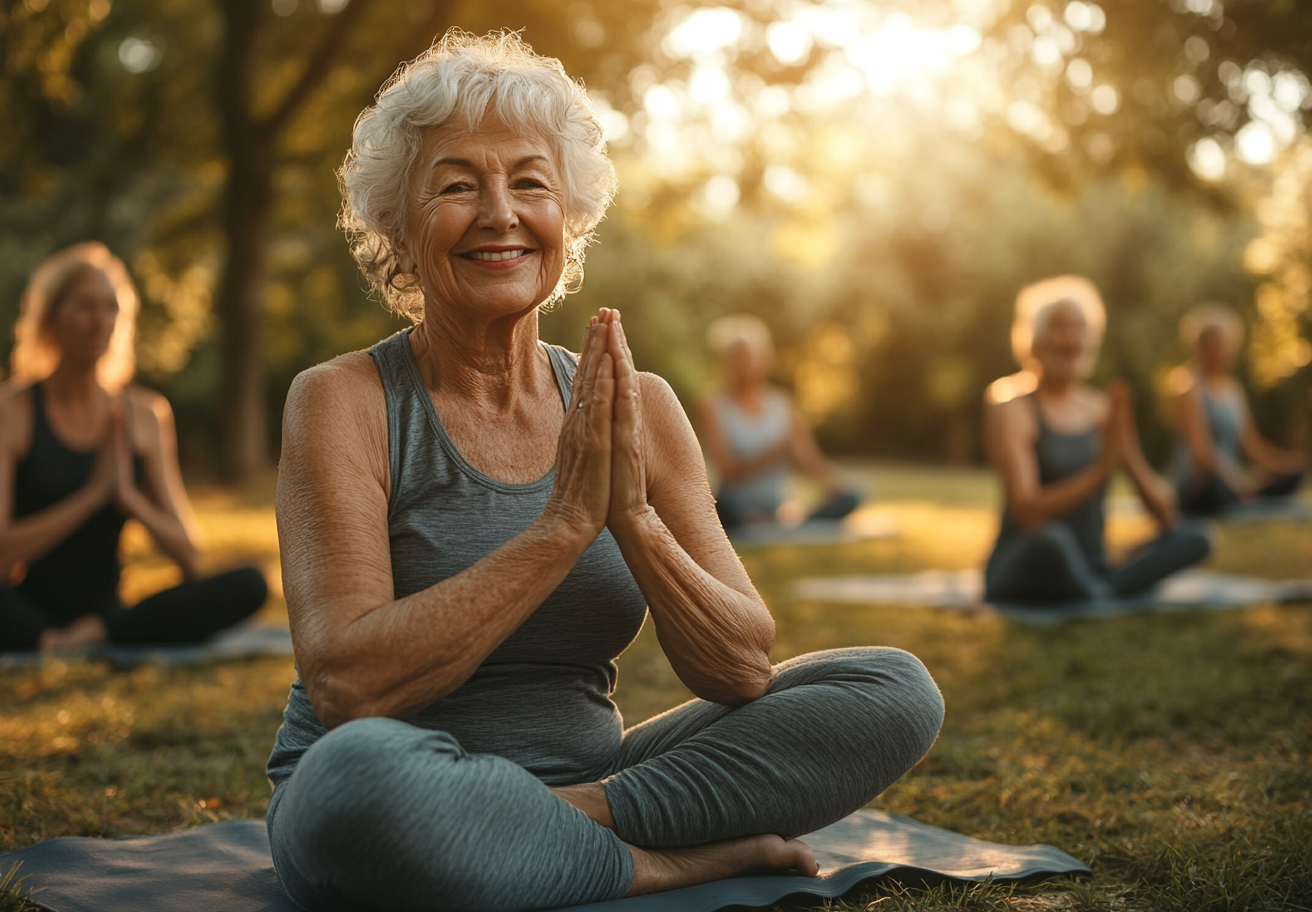 Възрастни хора практикуват йога в спокойна обстановка